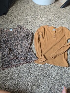 Leopard Print Long Sleeve Top & Light Brown Henley Ribbed Top - Pair
